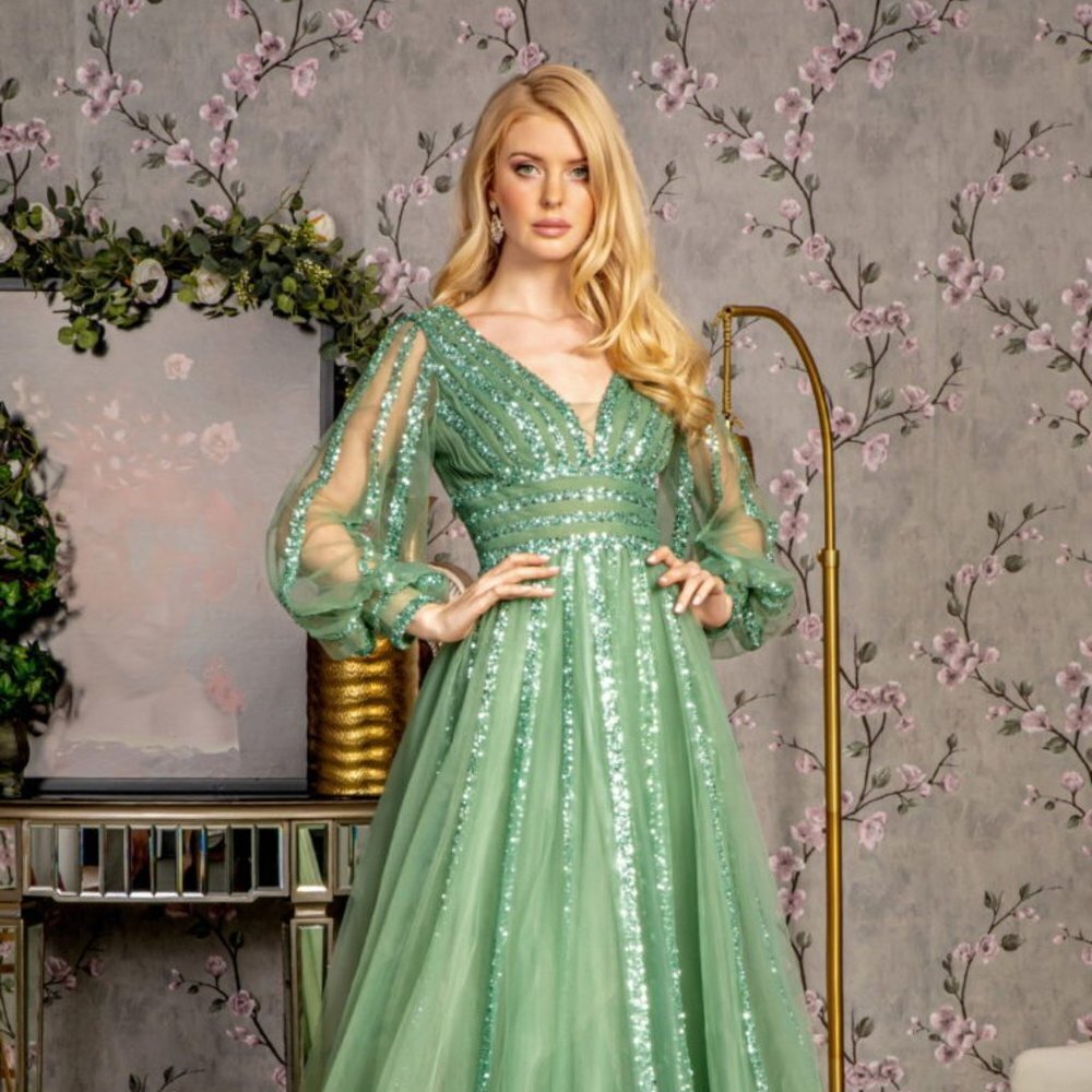 NEW LONG A-LINE FORMAL DRESS WITH SHEER SLEEVES EMBROIDERED WITH SEQUINS GL3495
